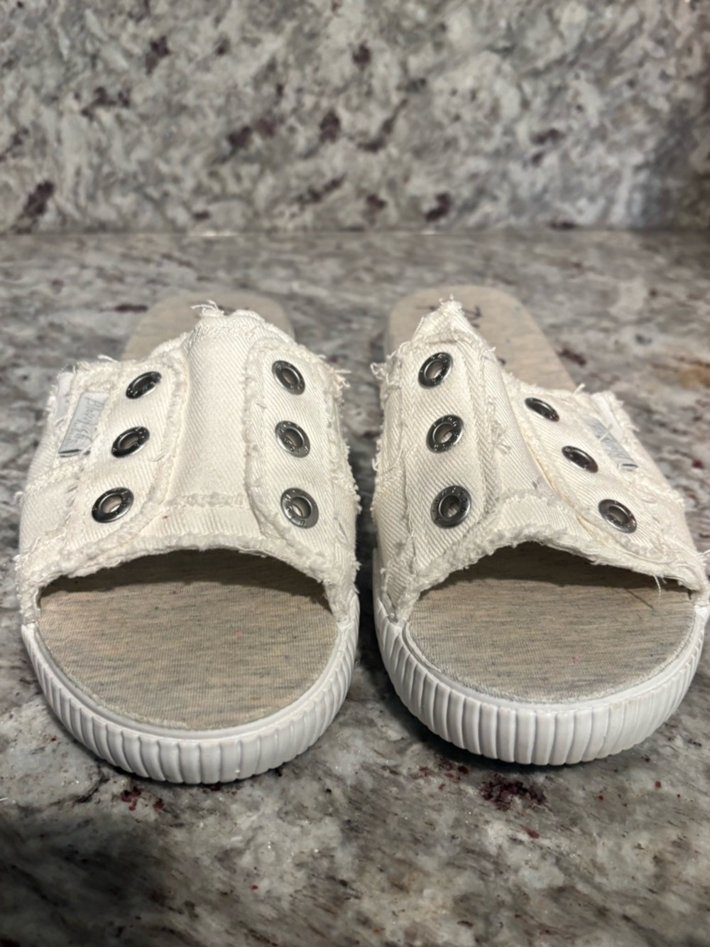 Women’s White Slip-On Canvas Slide Sandals with Eyelet Detail